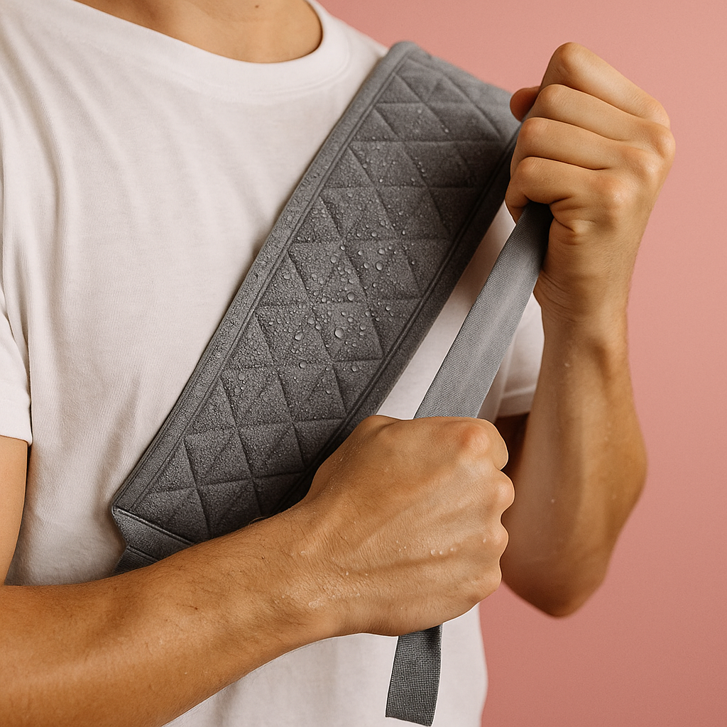 Person holding a textured gray bag against a pink background