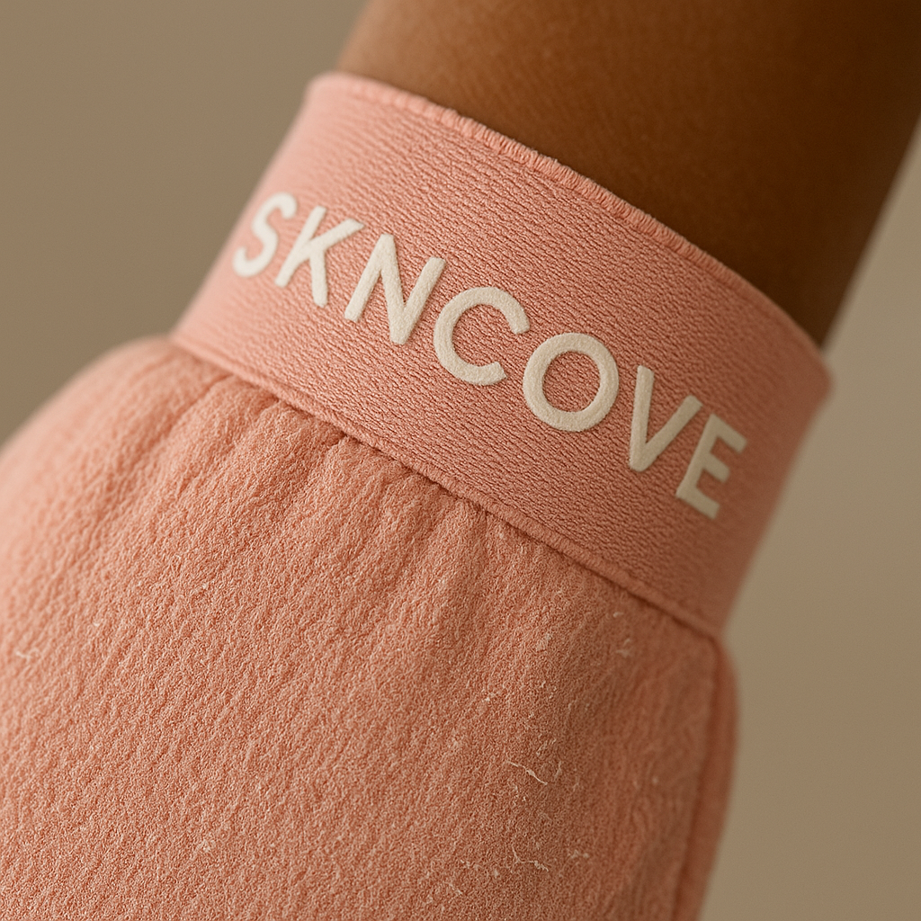 Pink towel with 'SKNCOVE' branding on a neutral background
