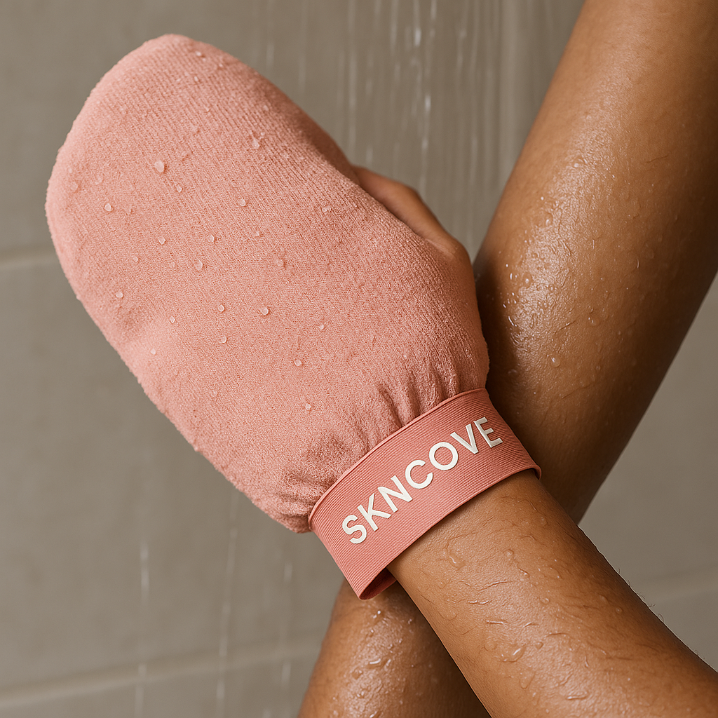 Pink exfoliating glove with 'SKNCove' branding on a showered arm.