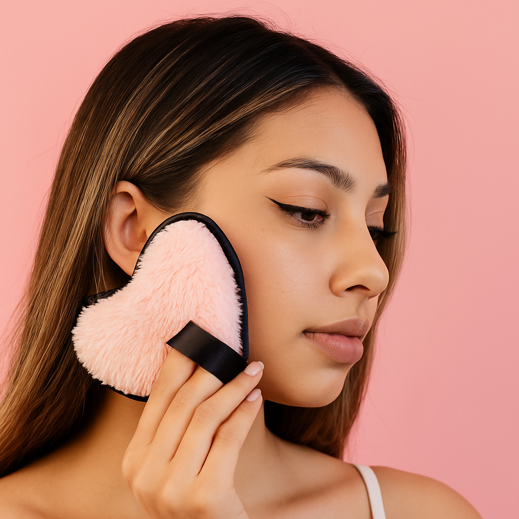 Woman using a pink makeup brush on her face against a pink background