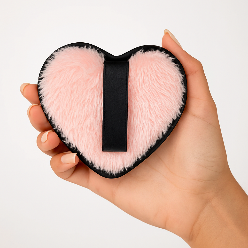 Heart-shaped pink fluffy object held by a hand against a white background