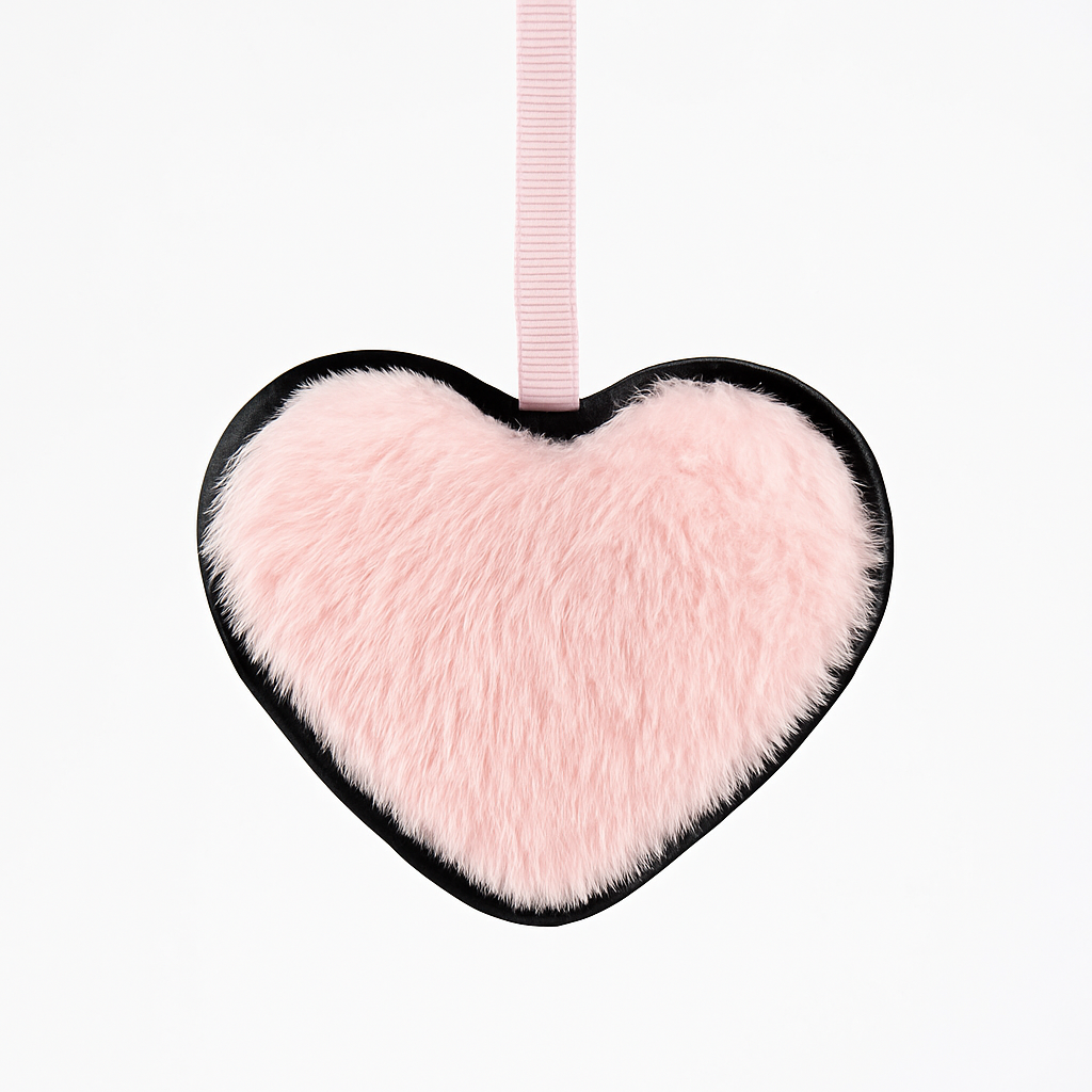 Heart-shaped pink fluffy toy with a black border and pink ribbon on a white background