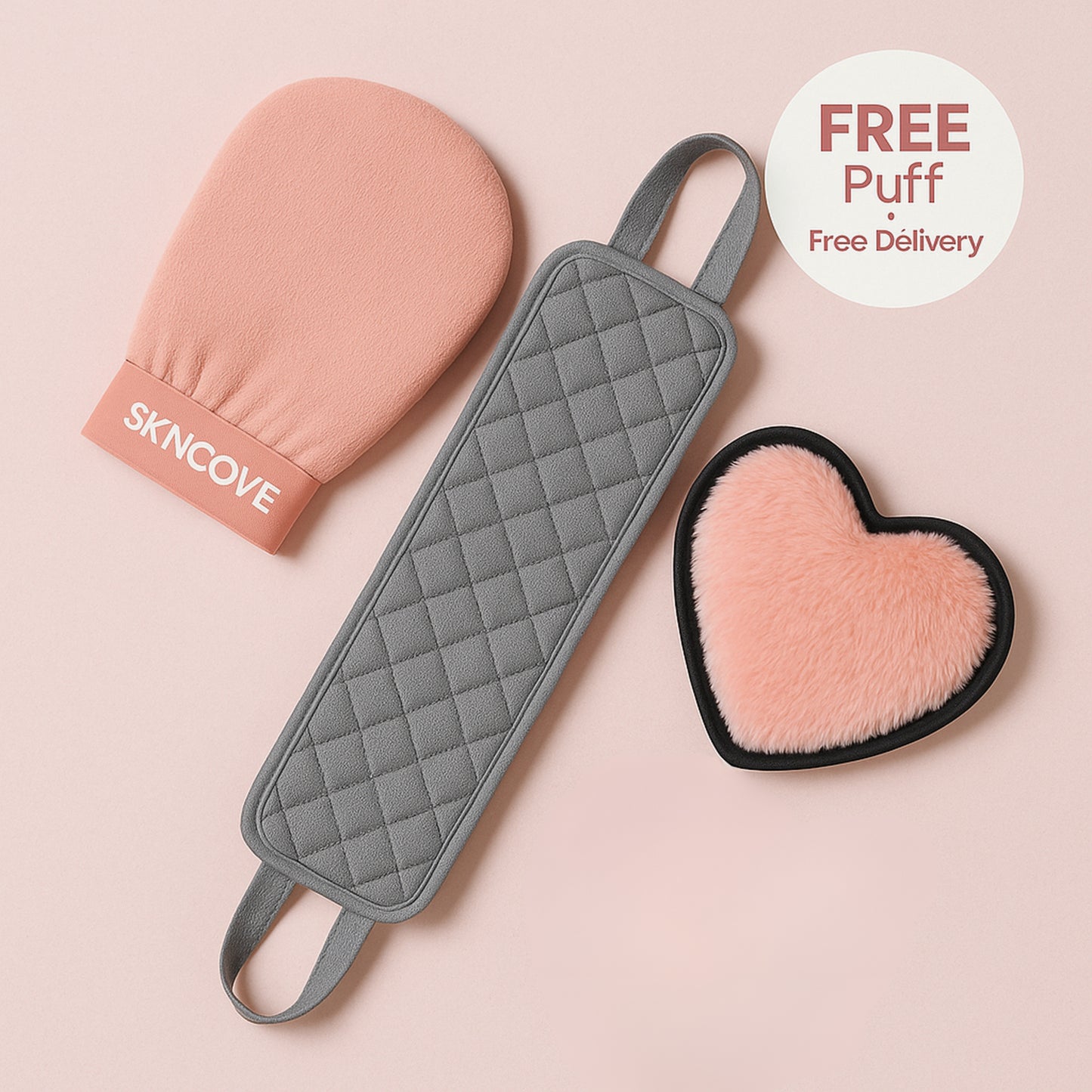 Three skincare tools on a pink background with 'SKNCove' branding.