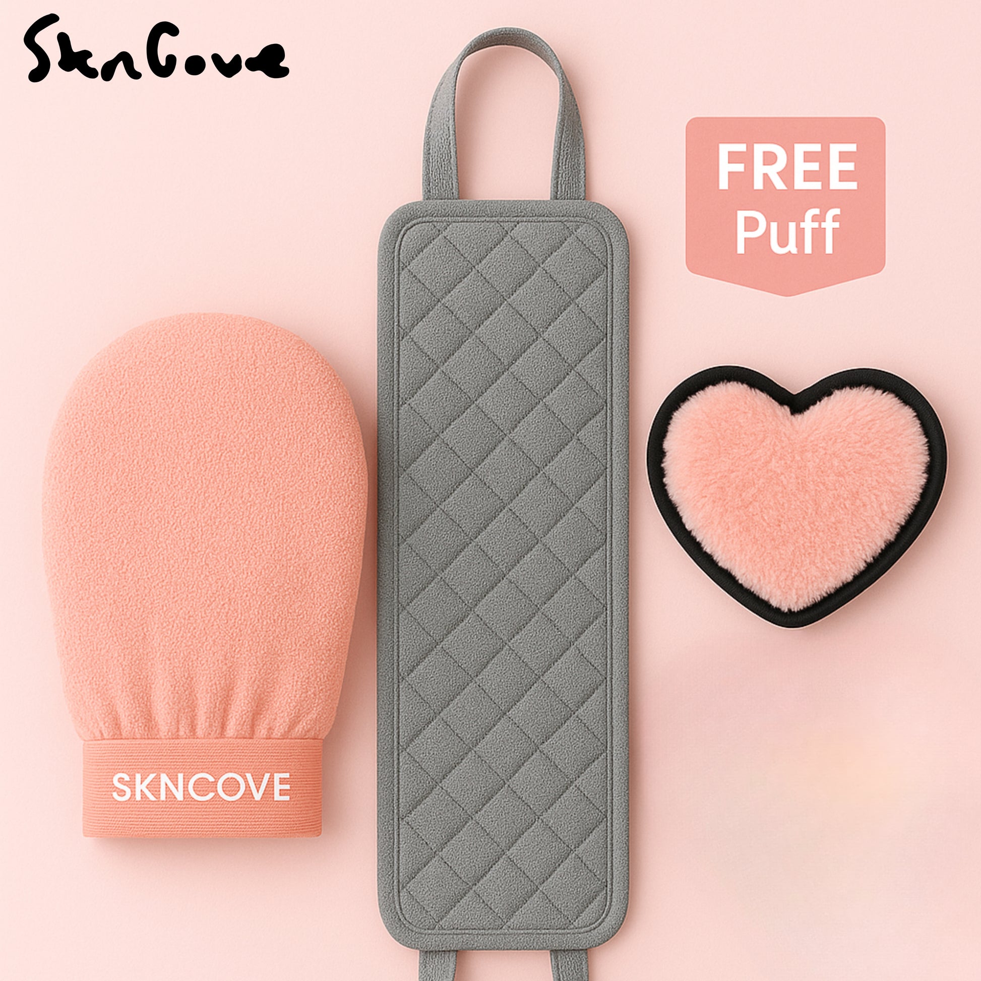 Three skincare tools including a pink mitt, gray scrubber, and heart-shaped puff on a pink background with 'SKNCOVE' branding.