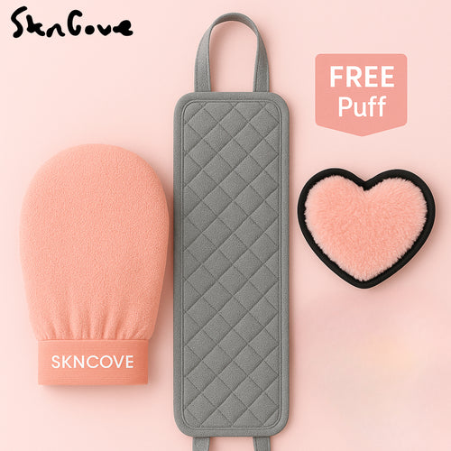 Three skincare tools including a pink mitt, gray scrubber, and heart-shaped puff on a pink background with 'SKNCOVE' branding.