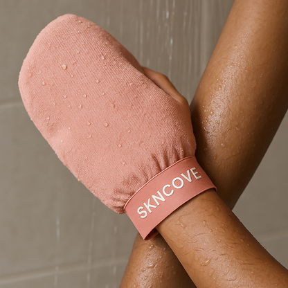 Pink exfoliating glove with 'SKNCove' branding on a showered arm.