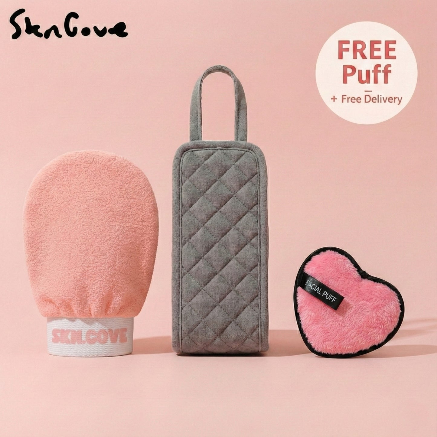 Three skincare products with a free puff offer on a pink background