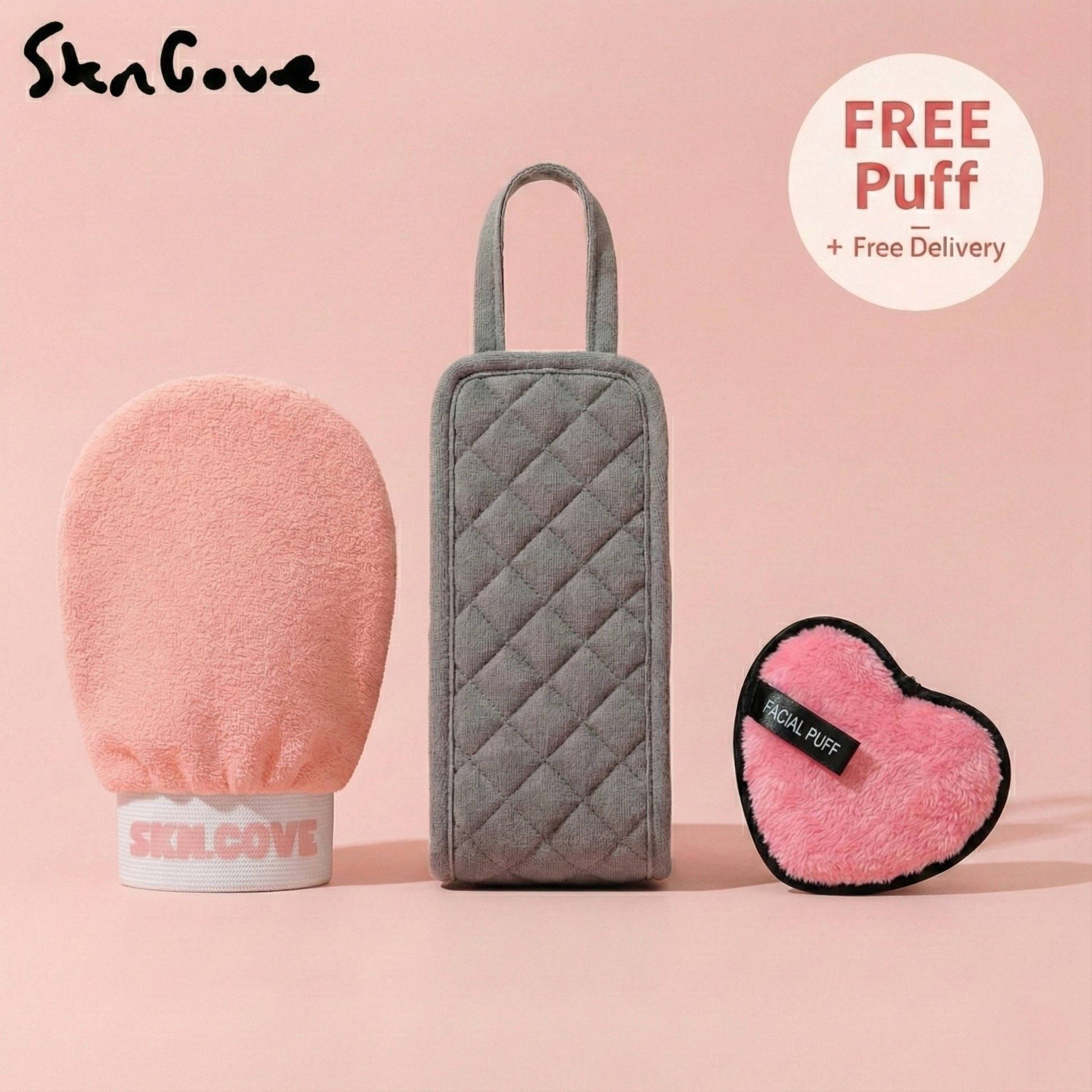 Three skincare products with a free puff offer on a pink background