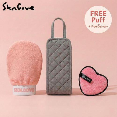 Three skincare products with a free puff offer on a pink background