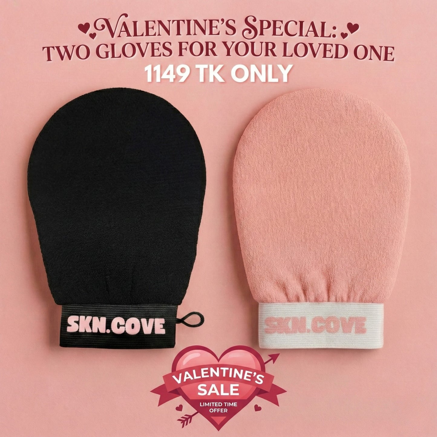 Two SKNCOVE gloves, one black and one pink, on a pink background with promotional text.
