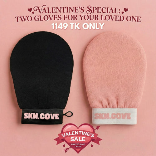 Two SKNCOVE gloves, one black and one pink, on a pink background with promotional text.
