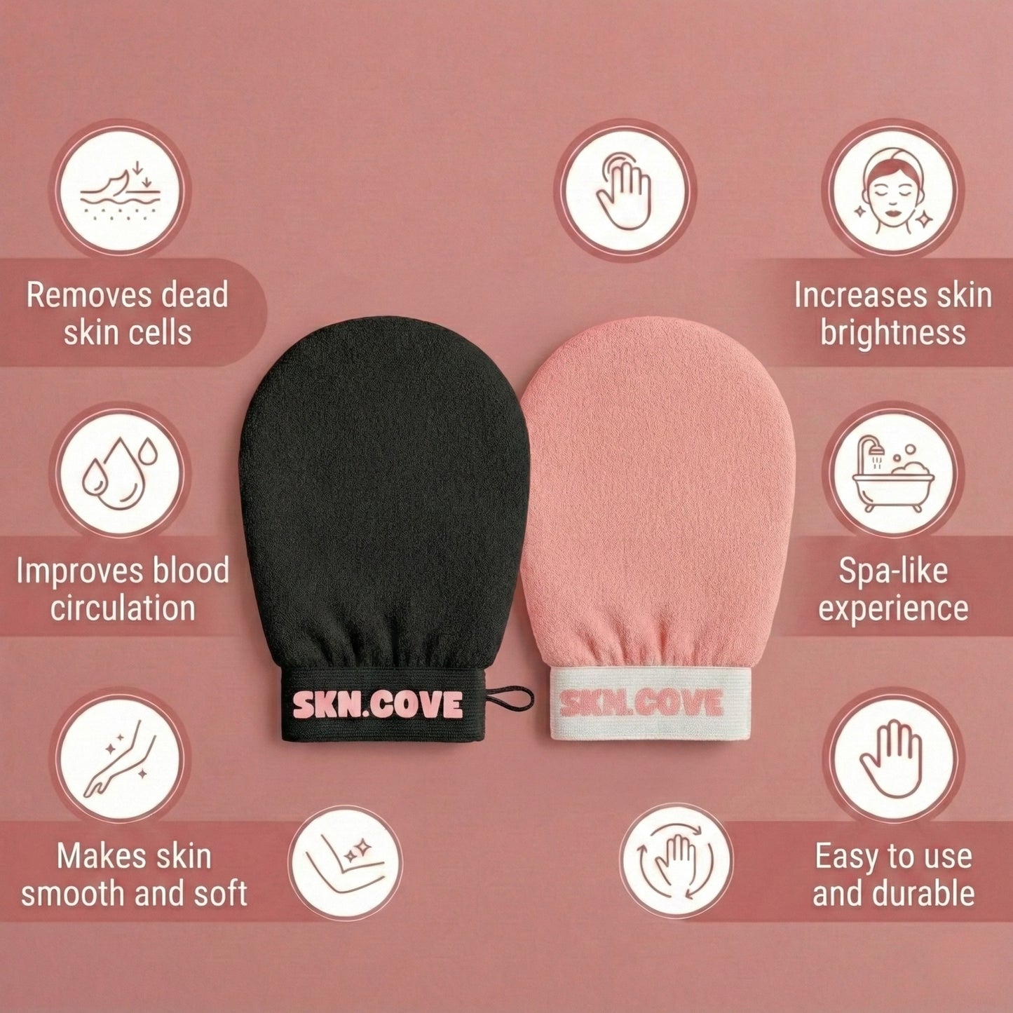 Two SKN.COVE exfoliating gloves with benefits listed on a pink background