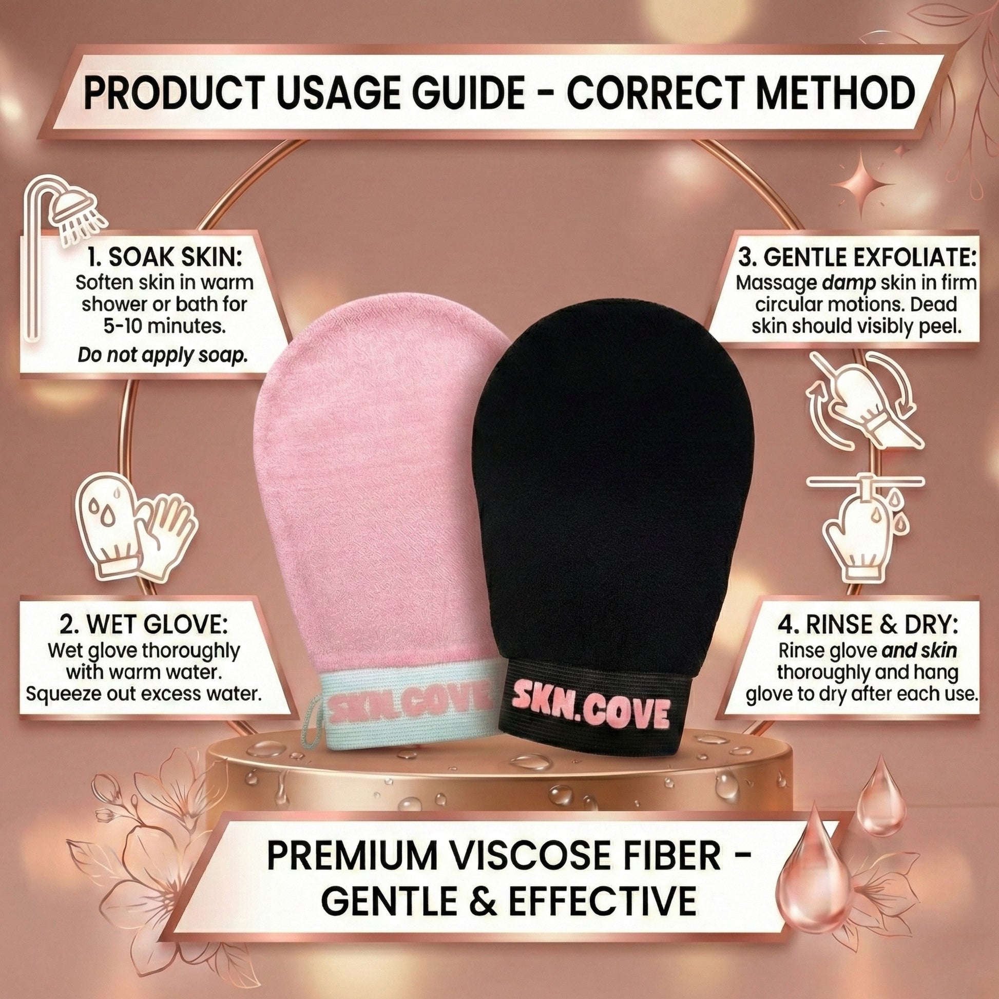 Product usage guide for SKN.Cove gloves with step-by-step instructions on a decorative background.