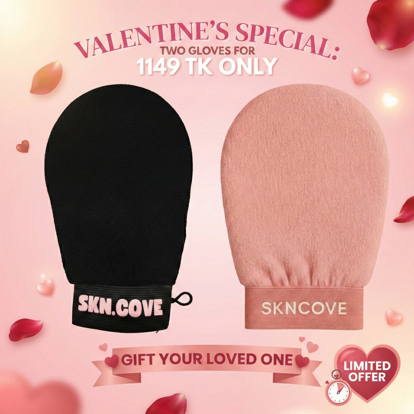 Two gloves, one black and one pink, with 'SKNCove' branding on a Valentine's Day themed background.