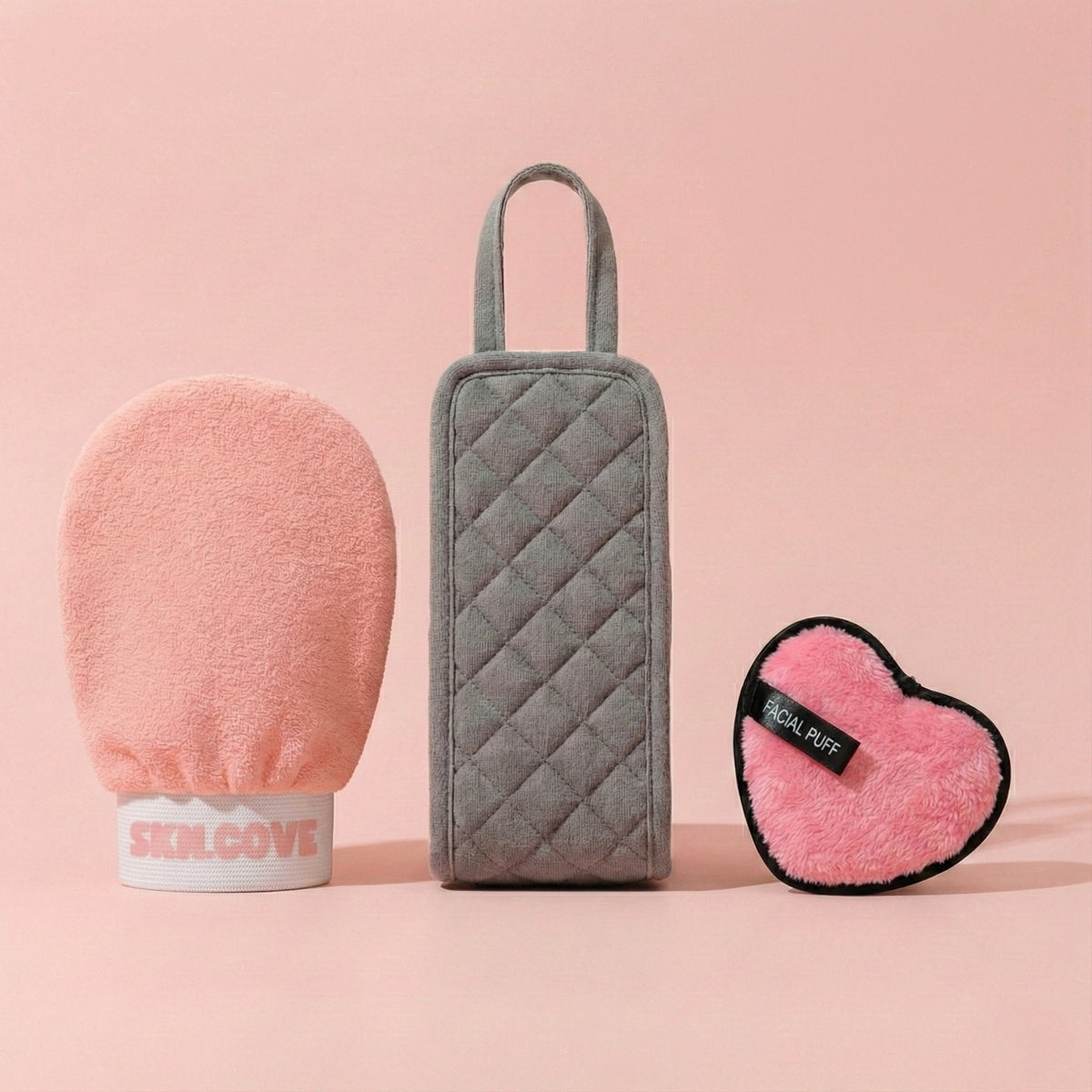 SknCove Full Body Glow Kit with the grey back scrubber belt, pink glove and heart puff