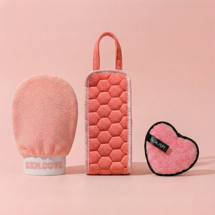 SknCove Full Body Glow Kit: pink exfoliating glove, back scrubber belt and heart makeup puff