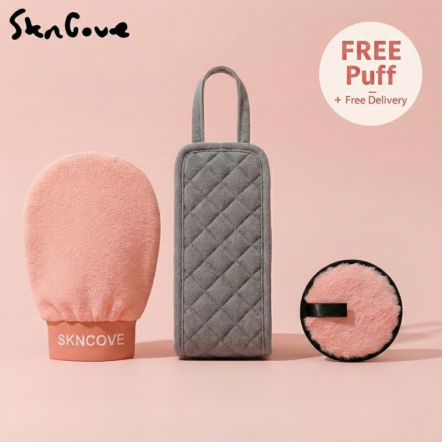 SKNCove makeup tools including a pink mitt, gray pouch, and round puff on a pink background with 'Free Puff + Free Delivery' text.