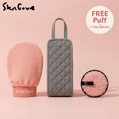 SKNCove makeup tools including a pink mitt, gray pouch, and round puff on a pink background with 'Free Puff + Free Delivery' text.