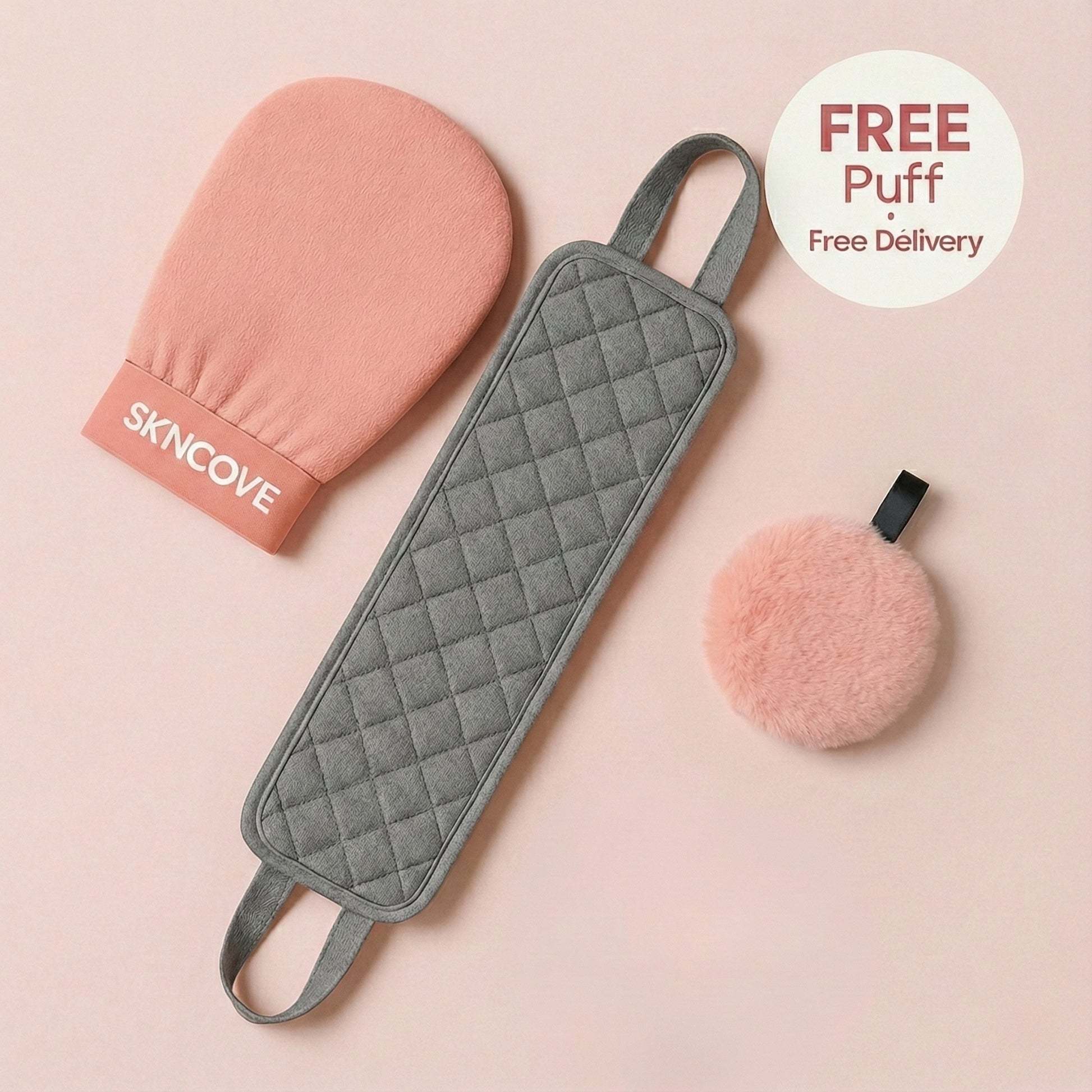 Gray textured paddle, pink mitt, and pink puff on a beige background with 'SKNCove' branding.