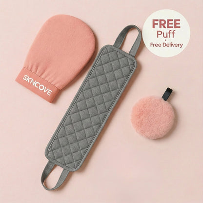 Gray textured paddle, pink mitt, and pink puff on a beige background with 'SKNCove' branding.