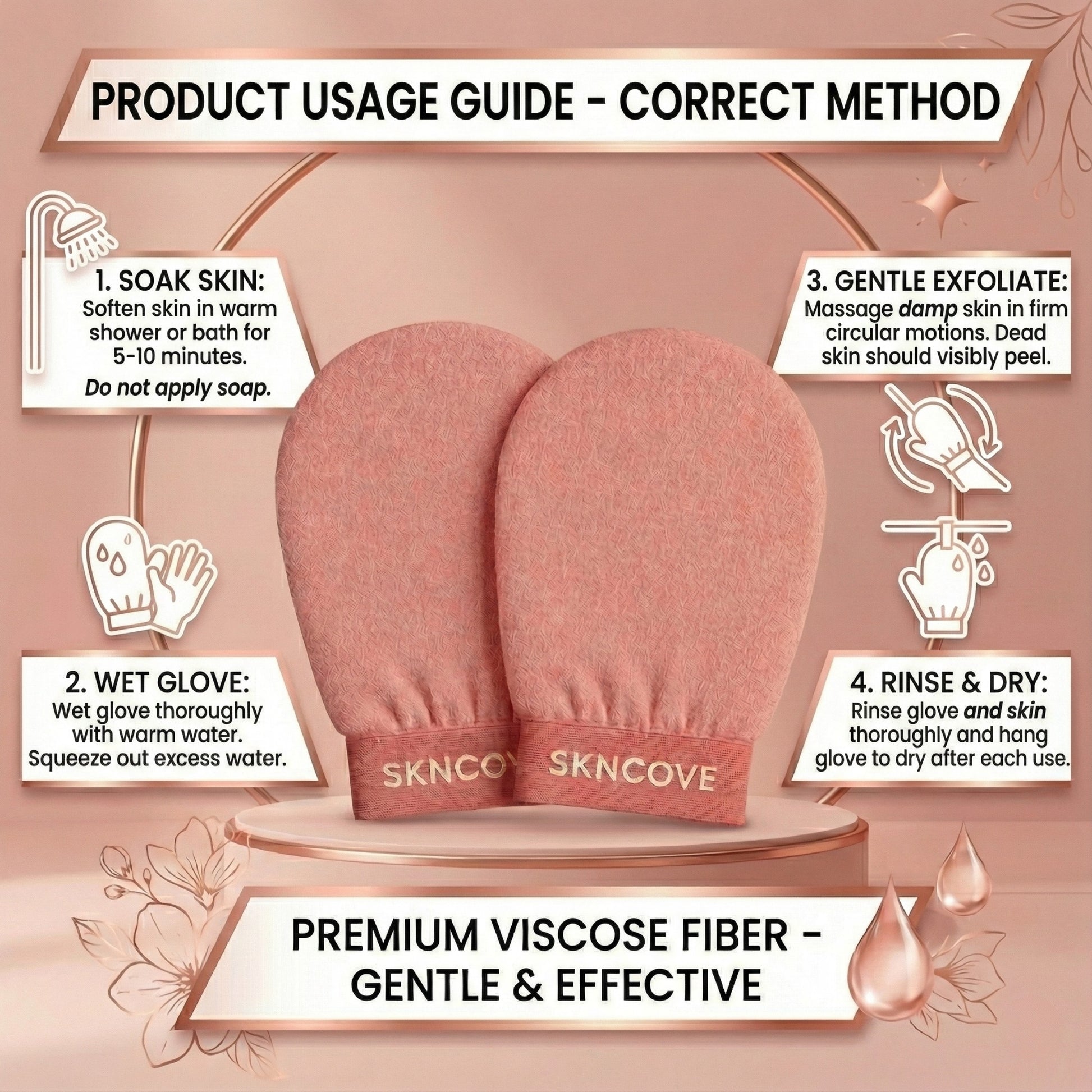 Product usage guide for SKNCove gloves with step-by-step instructions on a pink background.